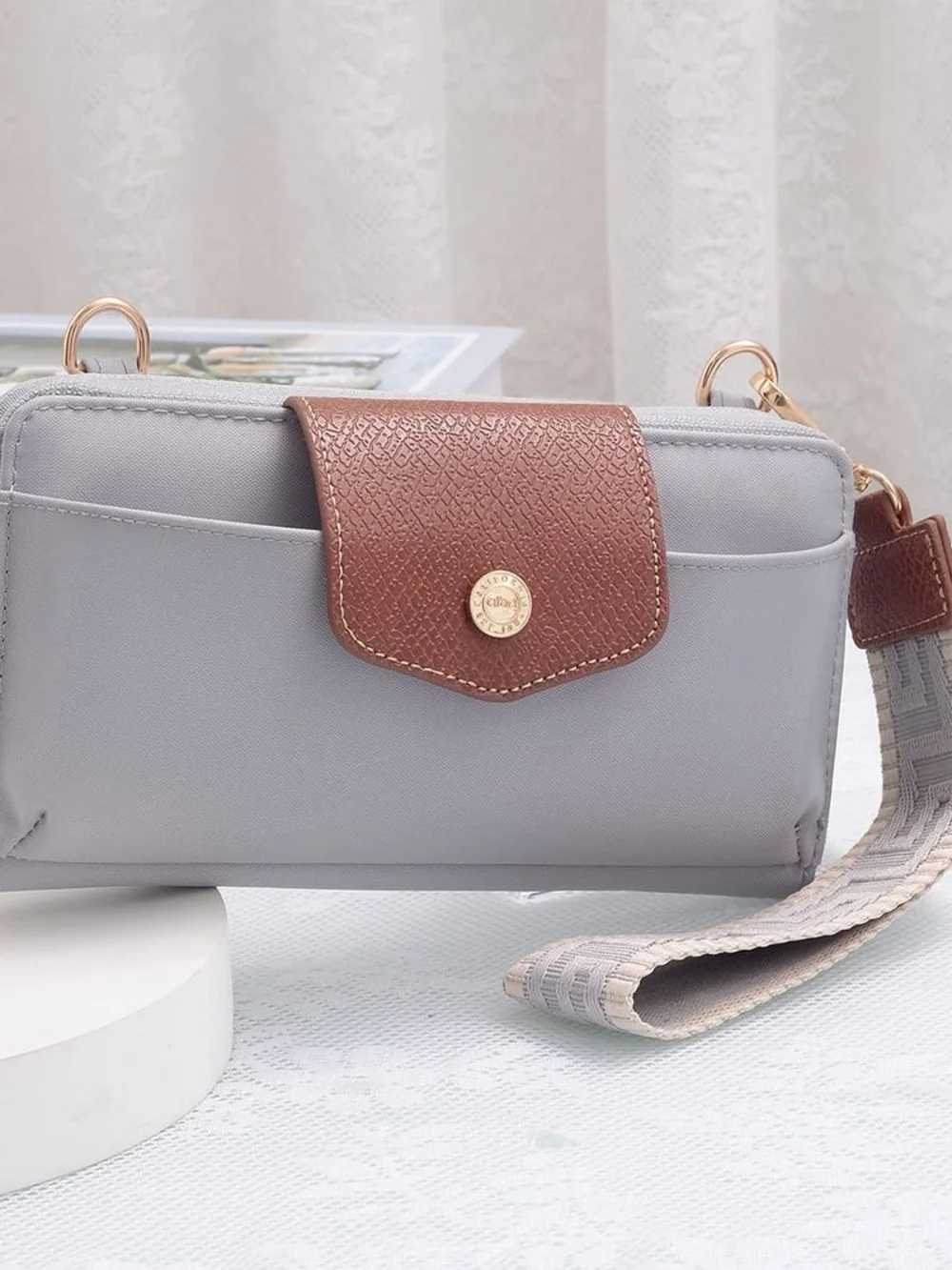 Gray Crossbody Phone Bag with Brown Accent